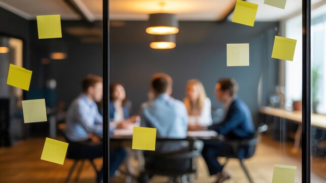 A group of business professionals in a meeting with post it notes on a glass wall