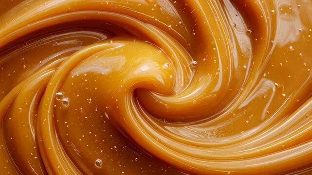 Caramel sauce swirling with glossy texture and small bubbles.