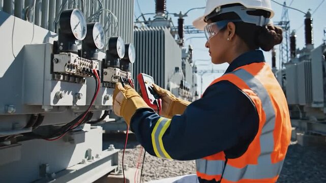 Technician inspecting electrical equipment at a power substation
