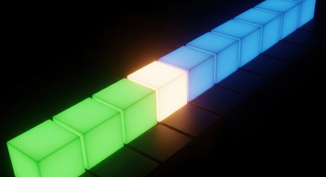 Glowing rubik's cube segments in green yellow and blue