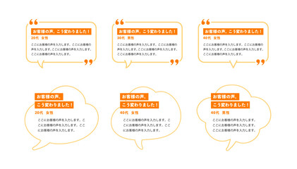 マンダリンオレンジのダブルクォーテーション装飾と「お客様の声」見出し付き、角丸長方形および雲形吹き出しのレビュー掲載用レイアウト枠セット