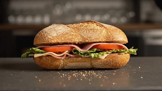 Freshly Made Sub Sandwich with Ham and Cheese on a Dark Countertop in a Restaurant Setting b roll for advertising and news