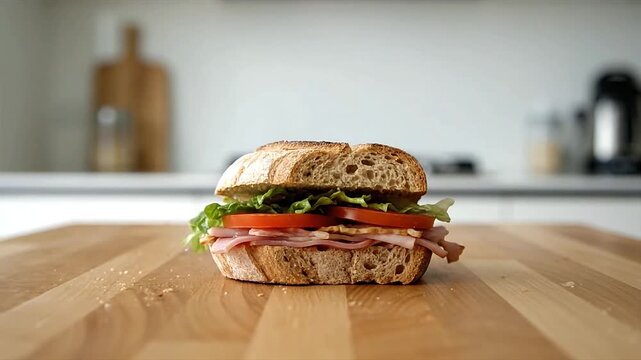Freshly prepared deli sandwich with various fillings placed on a wooden kitchen countertop in a bright home setting b roll for advertising and news