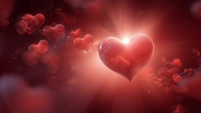 Glowing red heart surrounded by smaller hearts in a romantic ambiance.