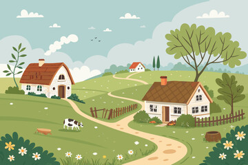 Naklejka premium Depicting Countryside Farm Scene With Village Crisp Professional Photo