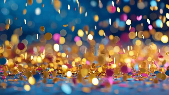 Vibrant Confetti Explosion with Golden and Multicolored Glittering Particles.