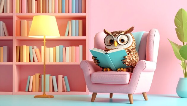 A charming 3D cartoon horned owl relaxing comfortably in a classic armchair while deeply engrossed in an open book. This whimsical scene captures the joy of reading and lifelong learning. 
