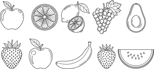 Black and white fruit line art illustration, apple, orange, lemon, banana, strawberry, grapes, avocado, watermelon, healthy food, sketch © Sohel