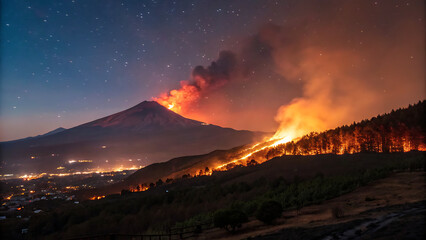 Fototapeta premium Distant Mountain Wildfire Ignites Night Sky with Fiery Glow