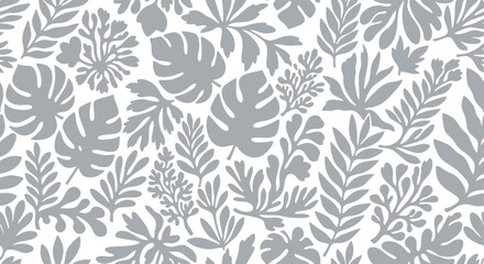 A seamless pattern of gray tropical monstera and fern leaves on white. © Nayan