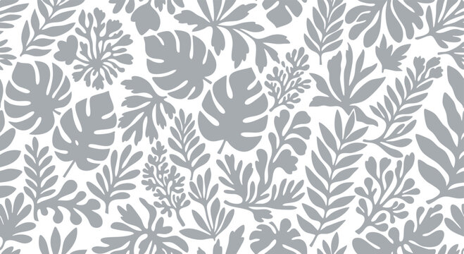 A seamless pattern of gray tropical monstera and fern leaves on white.