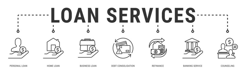Loan Services web banner icon vector illustration with Personal Loan, Home Loan, Business Loan, Debt Consolidation, Refinance and Banking Service