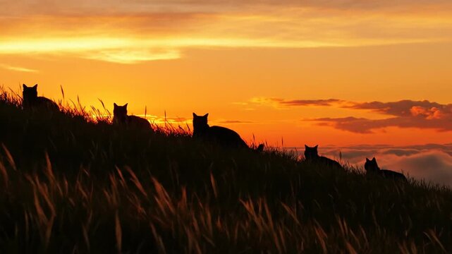 Silhouettes of cats sitting peacefully on a hill at sunset, with warm golden sky and calm atmosphere. Perfect for nature, animals, serenity, mystery, and artistic background concepts.
