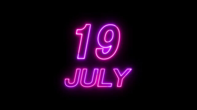 Glowing neon 19 July date text animation on black background. Flickering Neon July 19 Calendar Date Animation. suitable for event promotion, reminders, or important announcements.