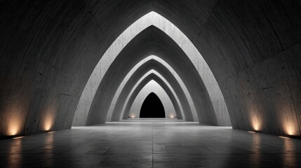 A concrete tunnel with multiple arched openings, subtly lit with a dark void at the far end