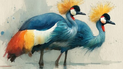 Obraz premium Watercolor painting of two crowned cranes with blue, orange, and yellow plumage