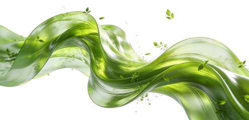 Abstract illustration of green liquid waves with floating leaves, representing nature, fluid motion, and organic energy. Ideal for eco-friendly and modern design concepts.