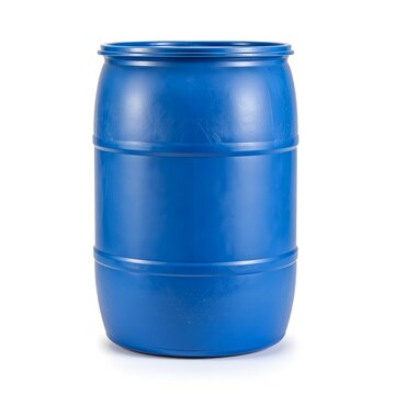A bright blue industrial plastic barrel or drum, often used for liquid storage and transport. 55 gallon