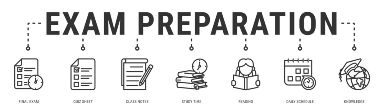 Exam Preparation web banner icon vector illustration featuring Final Exam, Quiz Sheet, Class Notes, Study Time, Reading and Daily Schedule