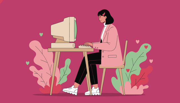 Woman working on a vintage computer surrounded by plants and hearts Retro style home office