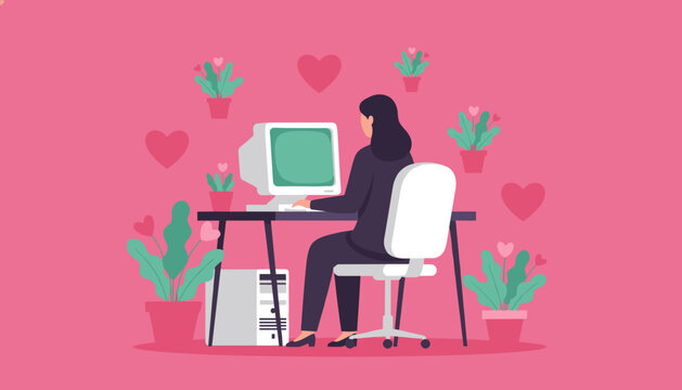 Woman working on a vintage computer surrounded by heart plants symbolizing online dating or romantic tech
