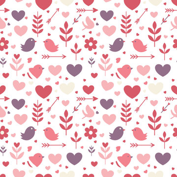 Cute pink and purple romantic seamless pattern with hearts birds and arrows for Valentines Day design