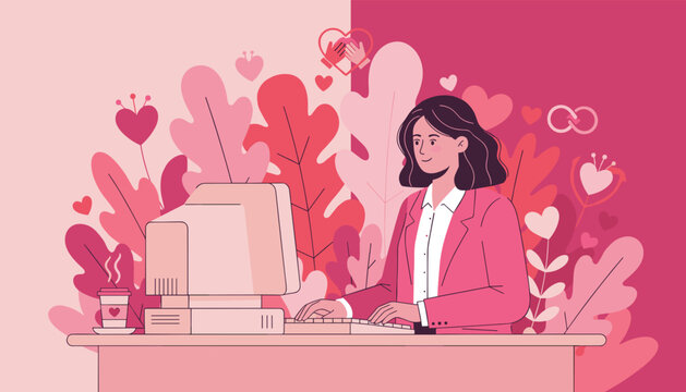 Smiling woman uses a retro PC surrounded by pink hearts illustrating digital love support or dating