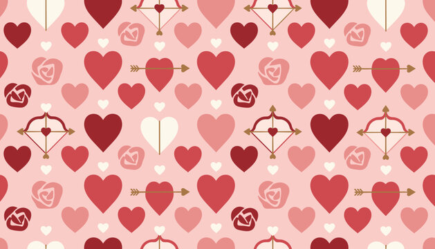 Romantic seamless pattern featuring hearts roses and Cupid symbols in shades of red and pink