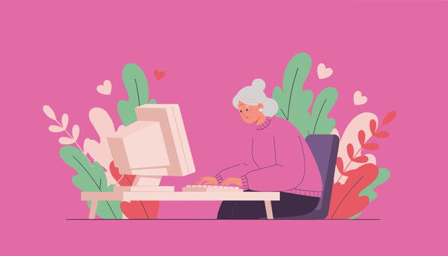 Elderly woman looks distressed while using an old desktop computer surrounded by hearts and plants