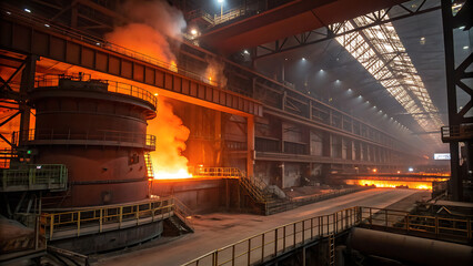 Obraz premium Vast Industrial Furnace with Intense Molten Metal Heat and Smoke