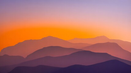 Layered mountain silhouettes against a vibrant orange and purple gradient sunset sky