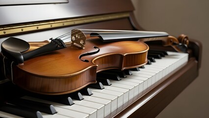 Fototapeta premium Minimal & Editorial-A clean editorial-style photograph of an old violin resting on piano keys, soft neutral lighting, balanced composition, light background