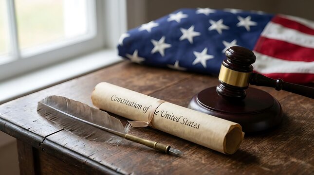 Close up still life of US Constitution scroll with quill pen and wooden gavel on desk