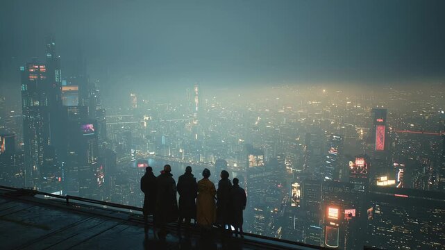 Group of People Standing on Rooftop Overlooking Cityscape at Night.