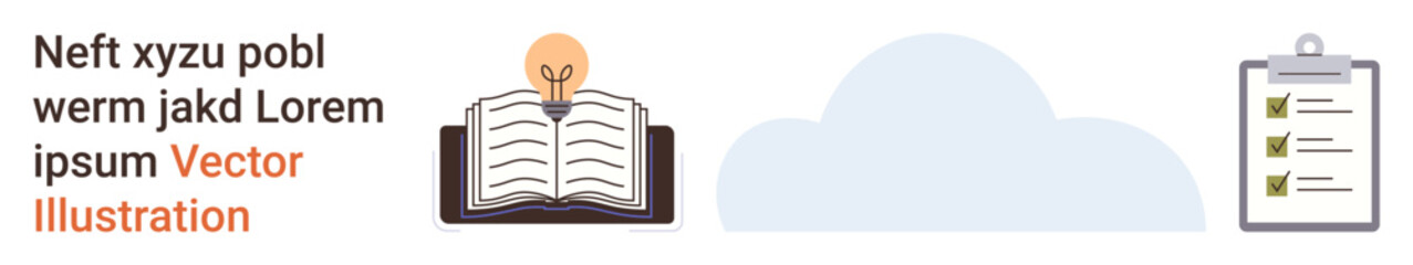 Education, knowledge sharing, brainstorming, business planning, task management, creative thinking. are a book with a light bulb, a cloud and a checklist clipboard. Education and brainstorming