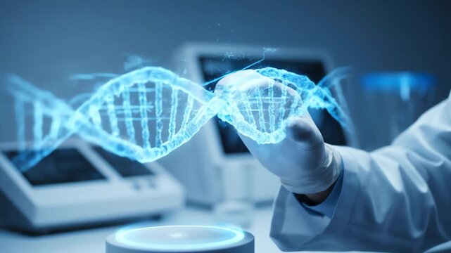 Close-up view of a gloved hand delicately holding a luminous blue DNA double helix in a dimly lit laboratory setting, captured as a high-resolution scientific illustration