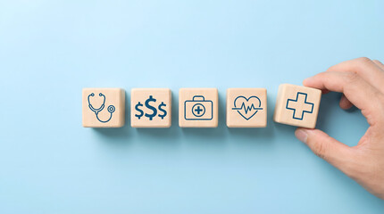 Human hand arranging wooden cubes with health and finance symbols on a light blue background for medical insurance and wellness planning