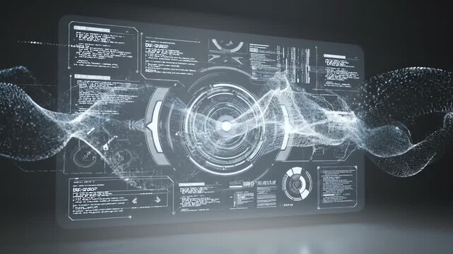 Exploring a futuristic high‑tech interface with a central circular graphic, data visualizations, and glowing text boxes in a dark gradient environment from a user‑centered perspective