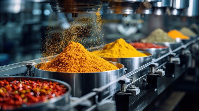 Modern chili processing machine grinding and packaging powder  on blurred background 