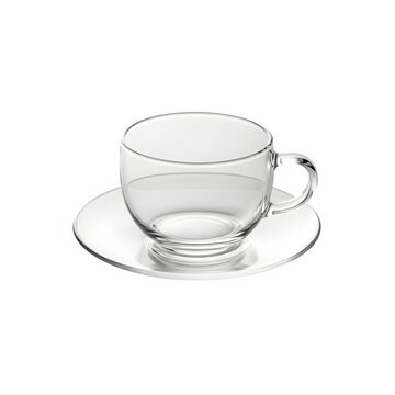 A clear glass teacup isolated on transparent background with saucer