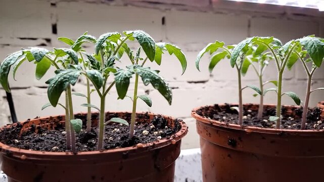 Young tomato plants sprout in brown pots, with water droplets on leaves
