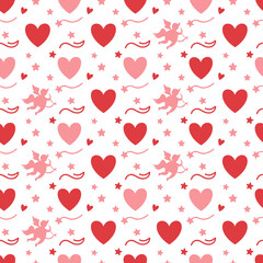 Romantic seamless pattern with red hearts flying Cupids and stars Perfect for Valentines Day design