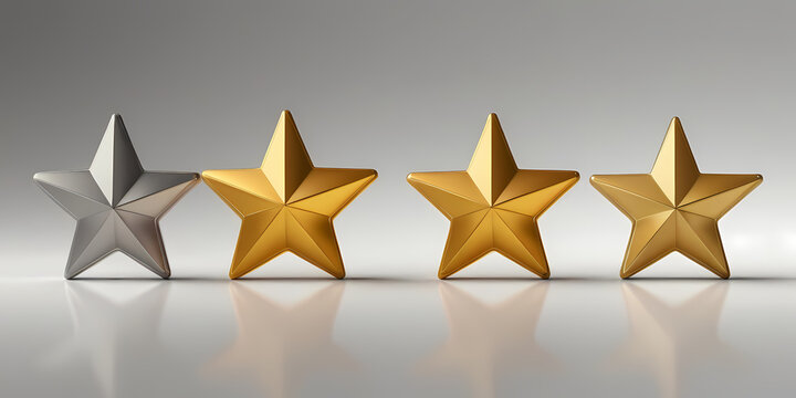 Three gold stars and one silver star aligned in a row on a reflective surface