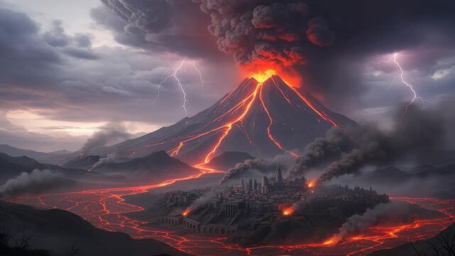 Erupting Volcano In Mountainous Region Is Spewing Lava Ash Impacting City Below While Lightning Strikes In The Stormy Sky For Natural Disasters Apocalyptic Themes