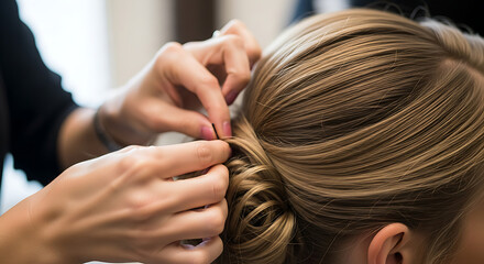 Fototapeta premium A stylist carefully styles a woman's blonde hair into an elegant updo, showcasing a serene salon atmosphere from a close-up view