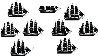 Sailing ship silhouette icons, maritime vessel symbols, vector illustration, black design, minimal layout, nautical graphics, historic ships © Rezaul