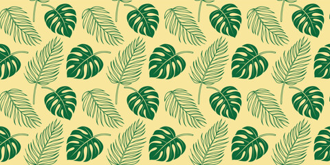Seamless tropical leaf pattern  and palm foliage on a warm yellow background. Vibrant repeating botanical design perfect for wallpaper, fabric, packaging, and summer  Exotic nature 