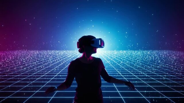 Person wearing virtual reality headset against abstract digital backdrop