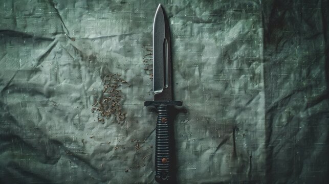 Tactical military knife on green-gray canvas. AI generative.