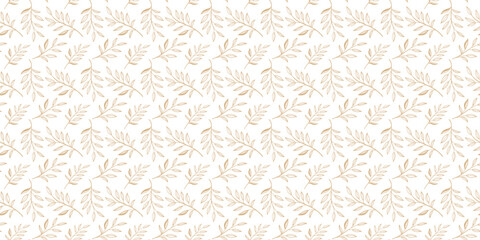 Seamless beige leafy branch pattern on light background. Soft botanical foliage illustration for minimal and elegant nature designs. Repeating plant texture ideal for wallpaper, fabric, and packaging.
